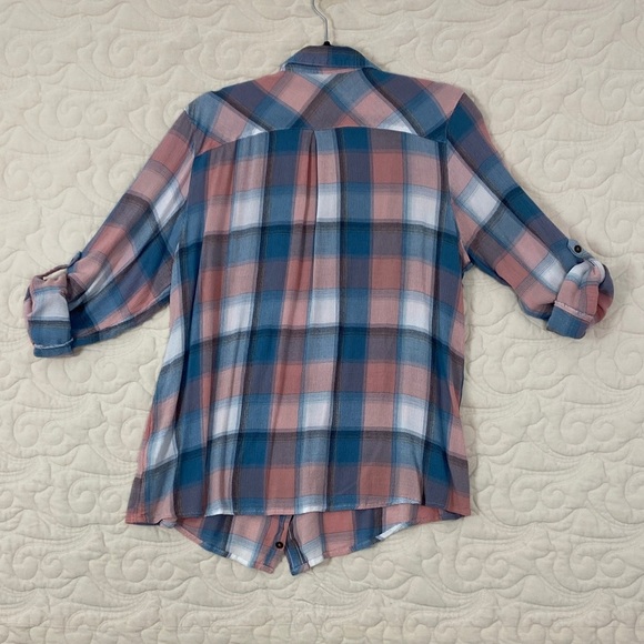 Northern Reflections Plaid Shirt in Blue and Pink with Roll Tab Sleeves - Picture 7 of 9